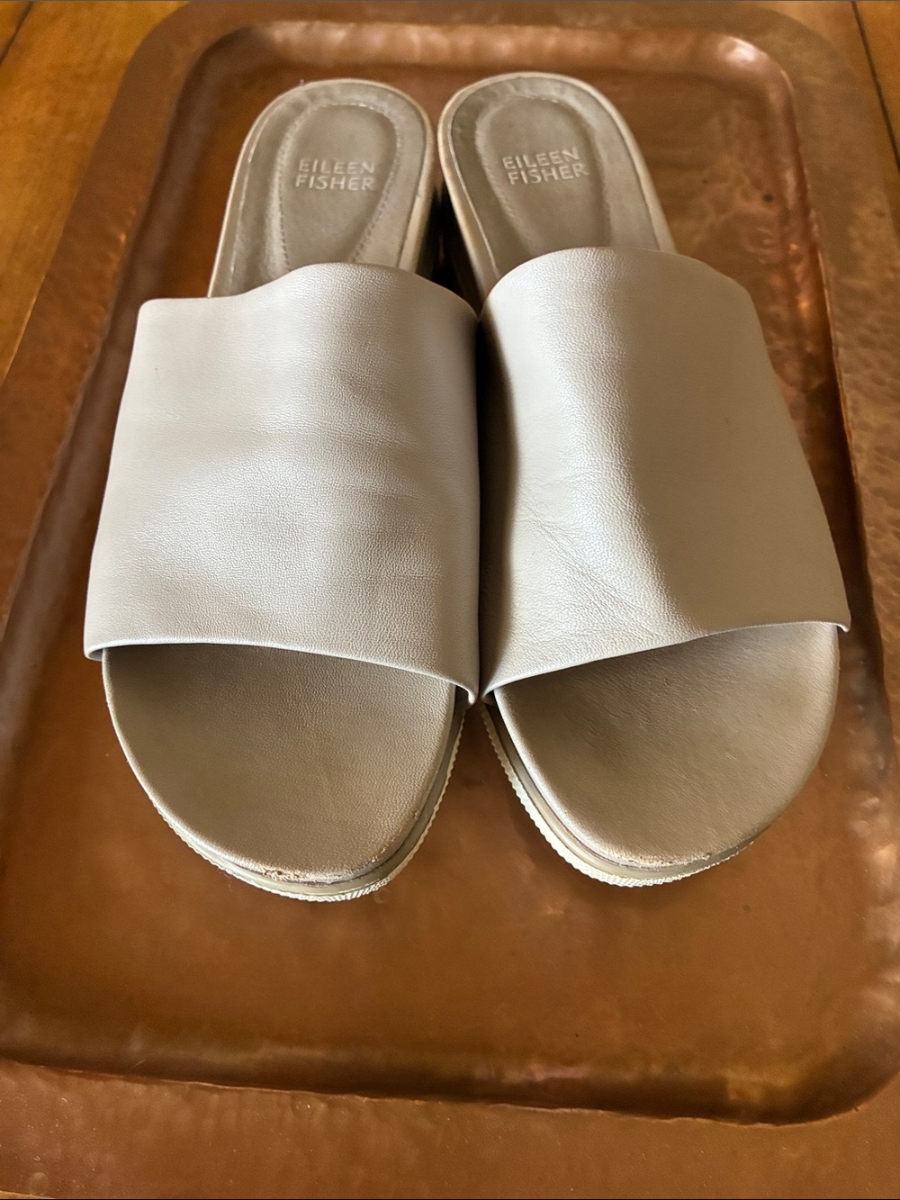 Eileen Fisher Neutral Taupe Leather Slide Mules